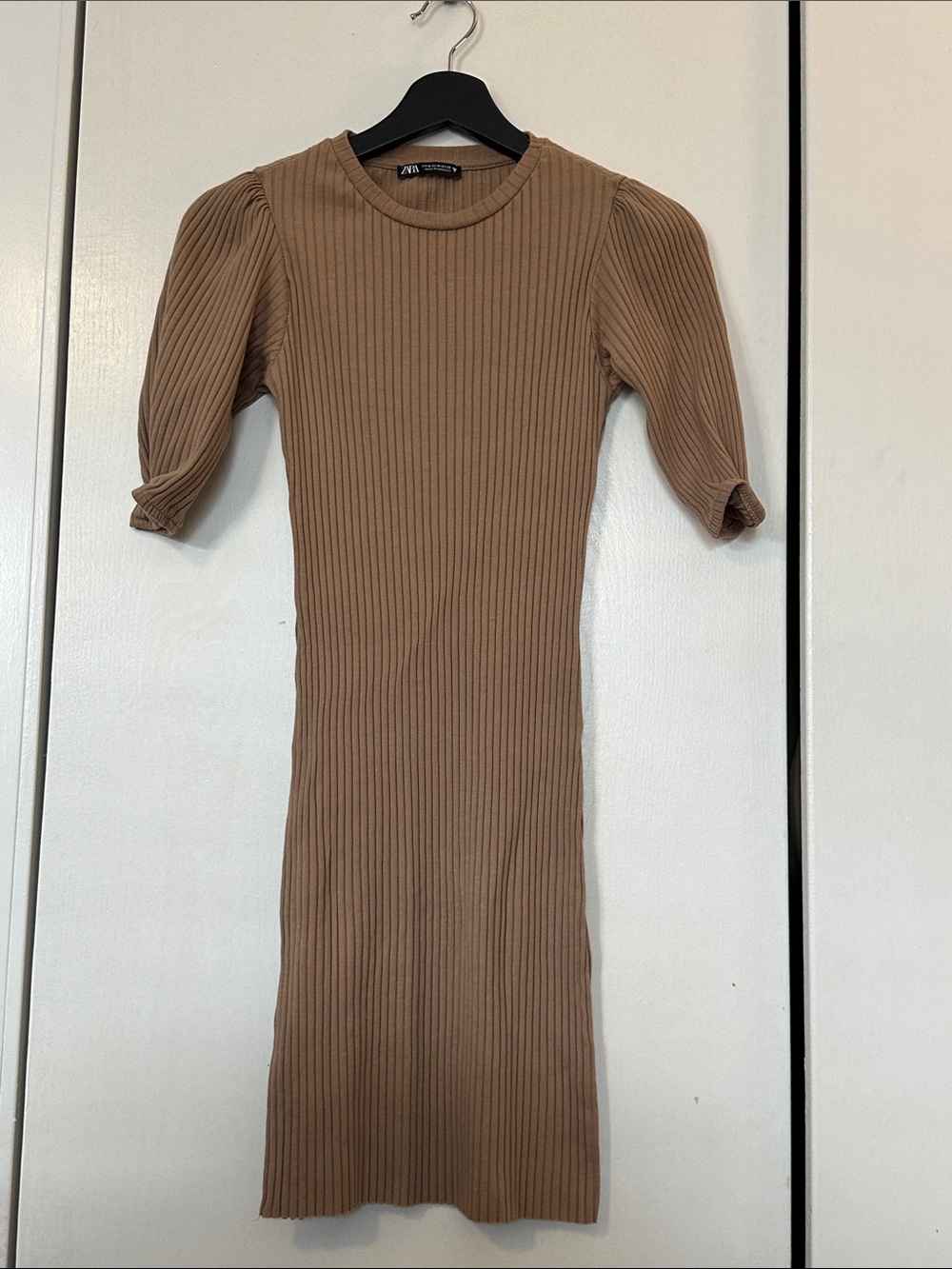 Zara Camel Ribbed Midi Dress with Puff Sleeves